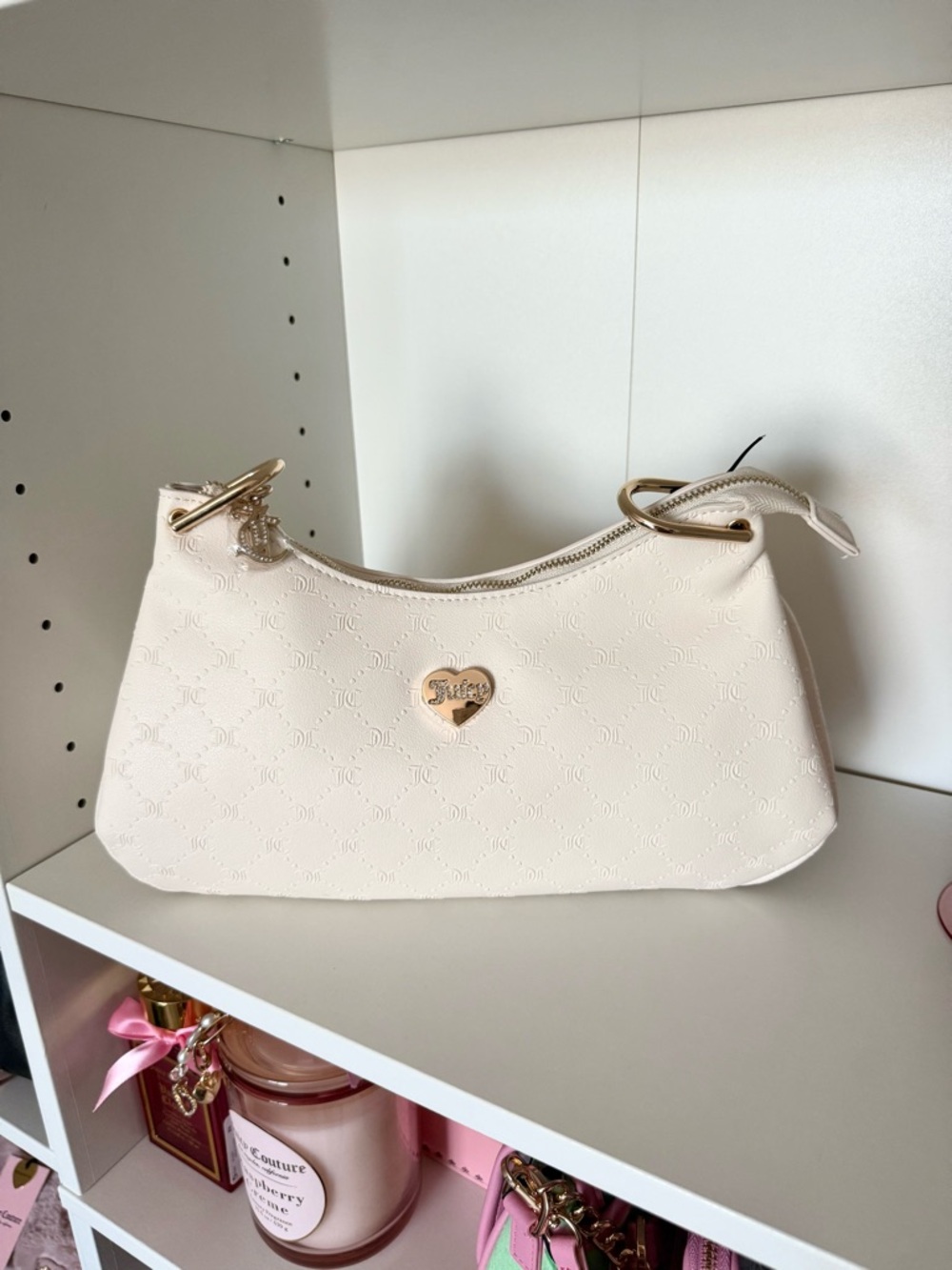 Juicy Couture “Golden Hour” Cream Shoulder Bag with Gold Heart Logo